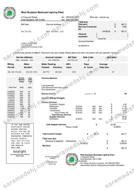 USA West Boylston utility bill template in Word and PDF format